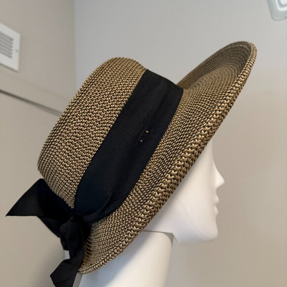 Woven straw hat,black ribbon trim - Picture 3 of 6